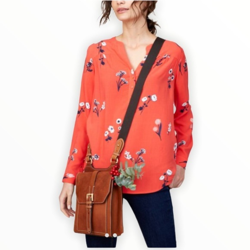 Joules Red Floral Rosamund Button-Front Long-Sleeve Top size‎ 2